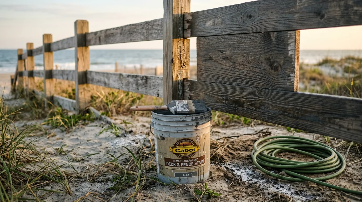 A freshly stained wood privacy fence at a residential property in Ocean Isle Beach, NC, showing rich, even color on clean boards with coastal vegetation visible in the background. Close detail highlights smooth stain penetration across the wood grain with no peeling or discoloration.