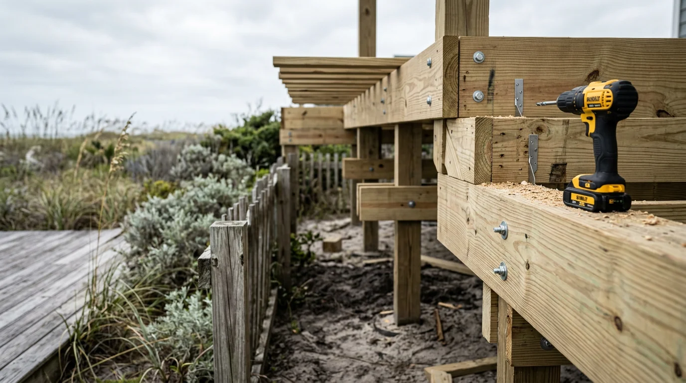 A newly installed custom deck on a coastal home in Ocean Isle Beach, NC, featuring clean board lines, sturdy post-and-rail construction, and an open view toward the yard. The build reflects the detail-focused craftsmanship Coastal Clean & Construction brings to Brunswick County deck projects.