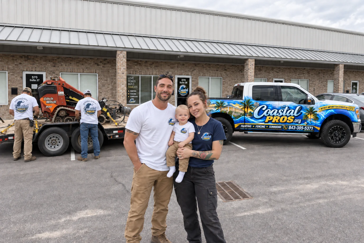 Professional contractor tools and materials staged on a clean work surface, representing the fencing, painting, and sunroom installation services offered.