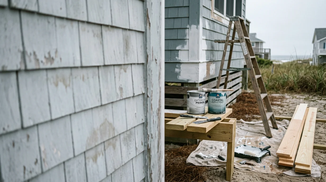 Close-up of a repaired and repainted exterior trim section on a coastal home in Ocean Isle Beach, NC, showing a smooth, clean finish where peeling and cracking paint had been removed and restored.