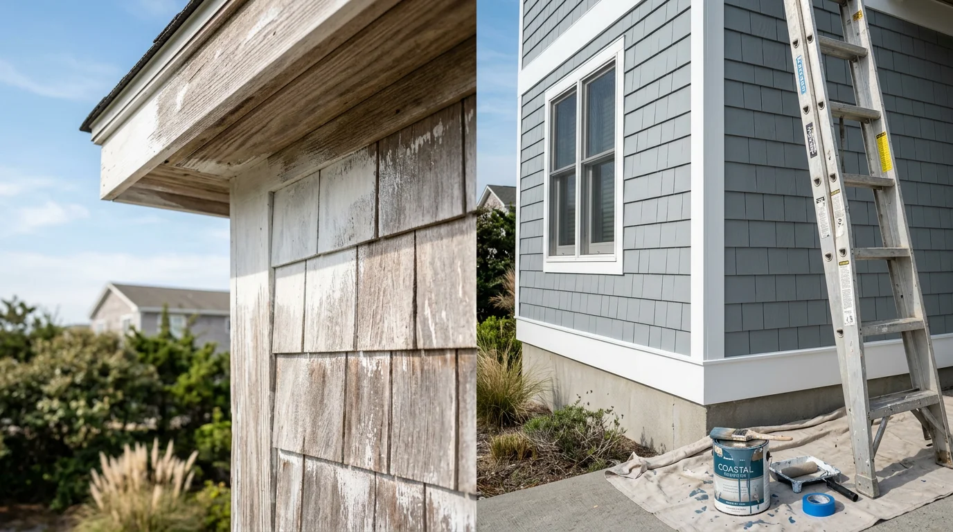 Freshly painted coastal home exterior in Ocean Isle Beach, NC, showing clean siding, bright trim, and shutters with no visible peeling or salt damage. The finished result reflects careful surface preparation suited to Brunswick County's humid, salt-air environment.