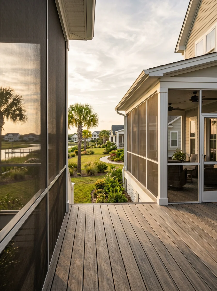 Screen room addition on a single-family home in Little River, SC, showing screened panels and a covered porch overlooking a landscaped backyard.
