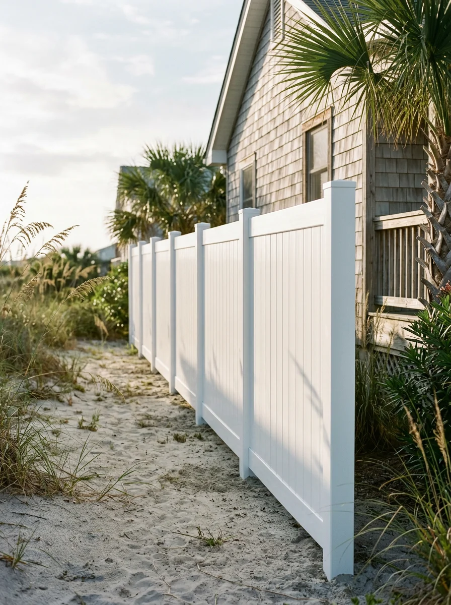 Vinyl privacy fence along the side yard of a beach cottage in the Cherry Grove community of North Myrtle Beach, SC, showing UV-resistant white panels.