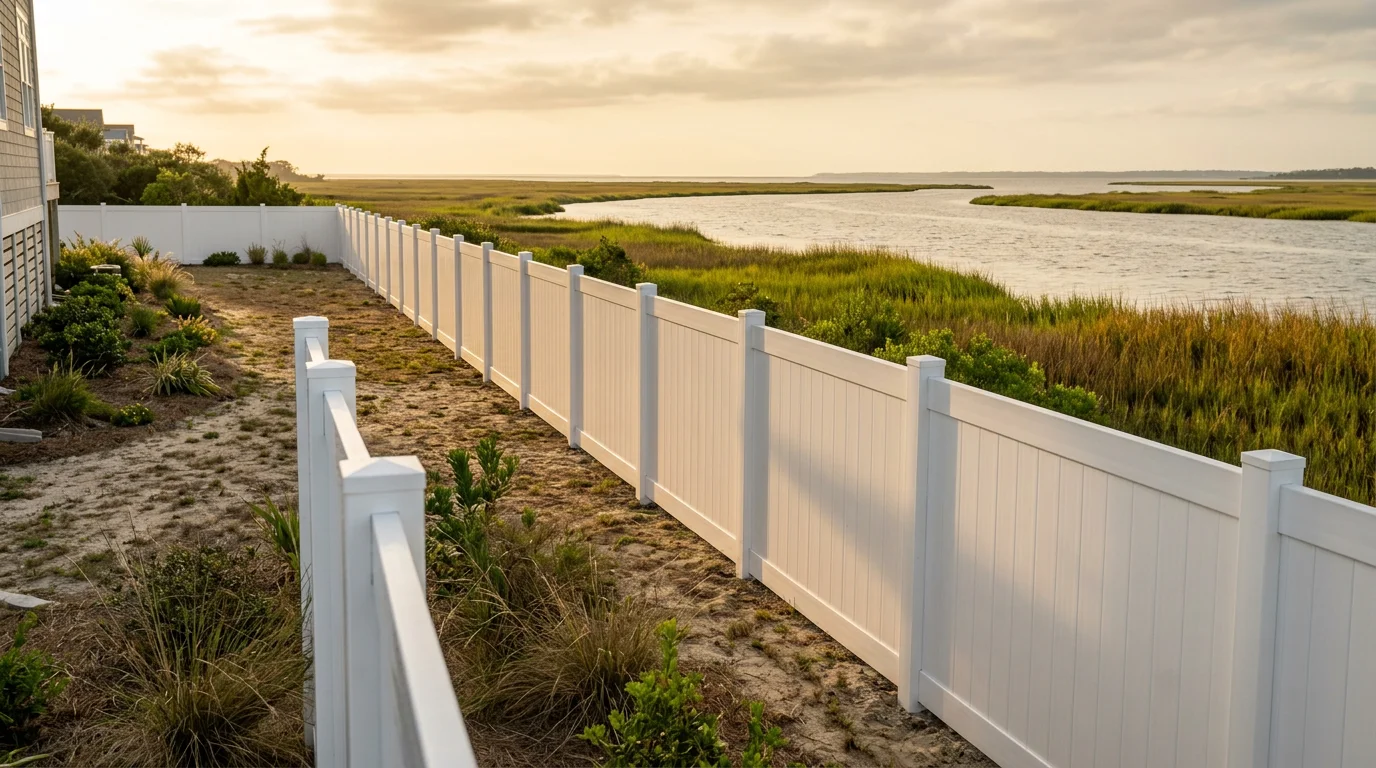 Vinyl privacy fence installed along the rear yard of a large single-family home on Ocean Isle Beach, NC, with the Intracoastal Waterway visible in the background.
