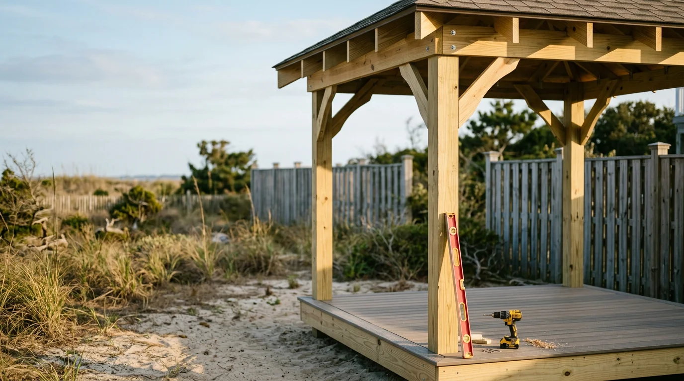 A custom-built wood gazebo with a pitched roof and built-in seating installed in a residential backyard near Ocean Isle Beach, NC. The structure sits on a level foundation with coastal landscaping visible in the background.
